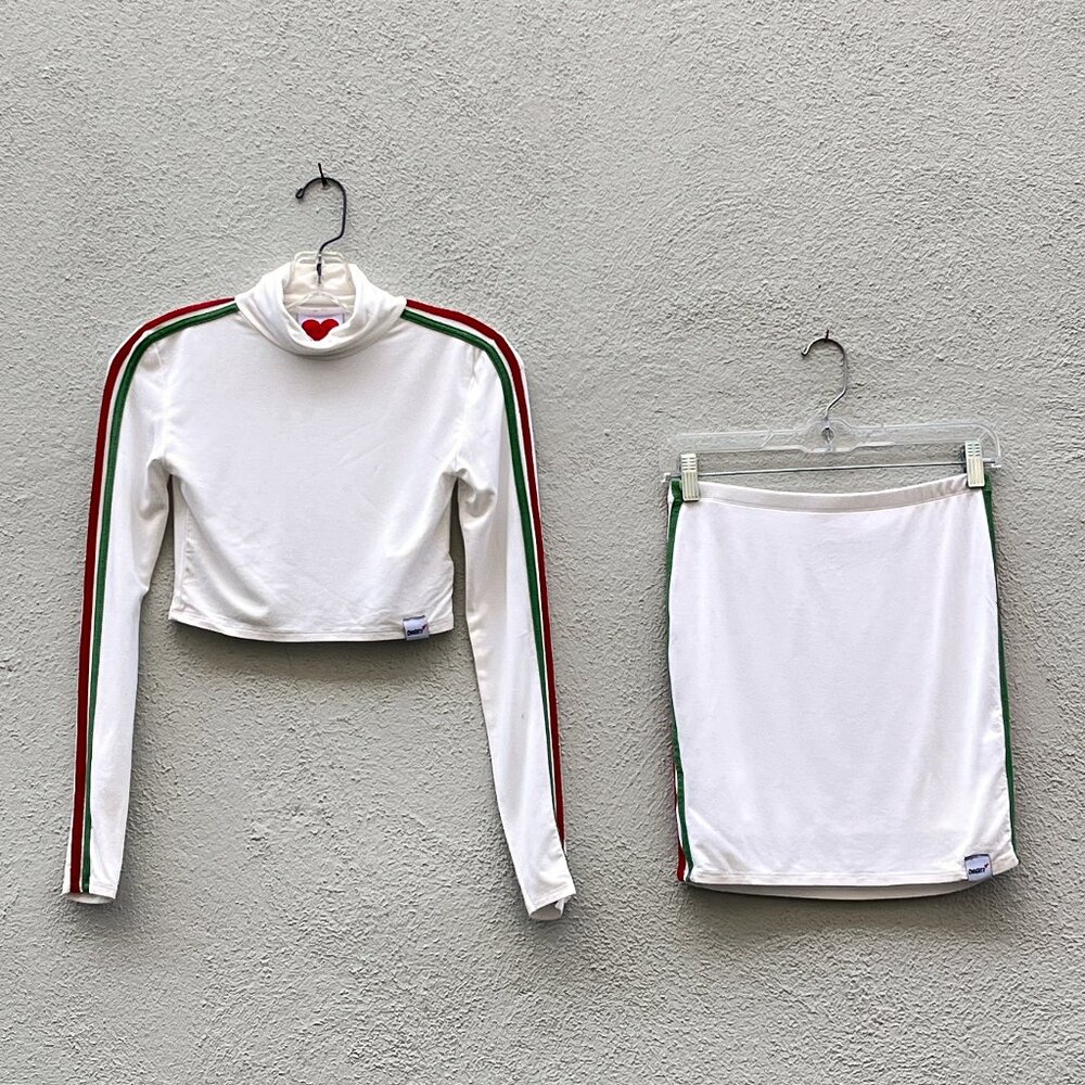 Womens O-Mighty White Turtleneck + Mini Skirt Set with Red & Green Stripes Small